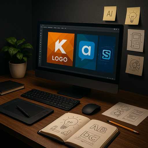 Professional desk setup of a graphic designer with logo sketches and AI concepts